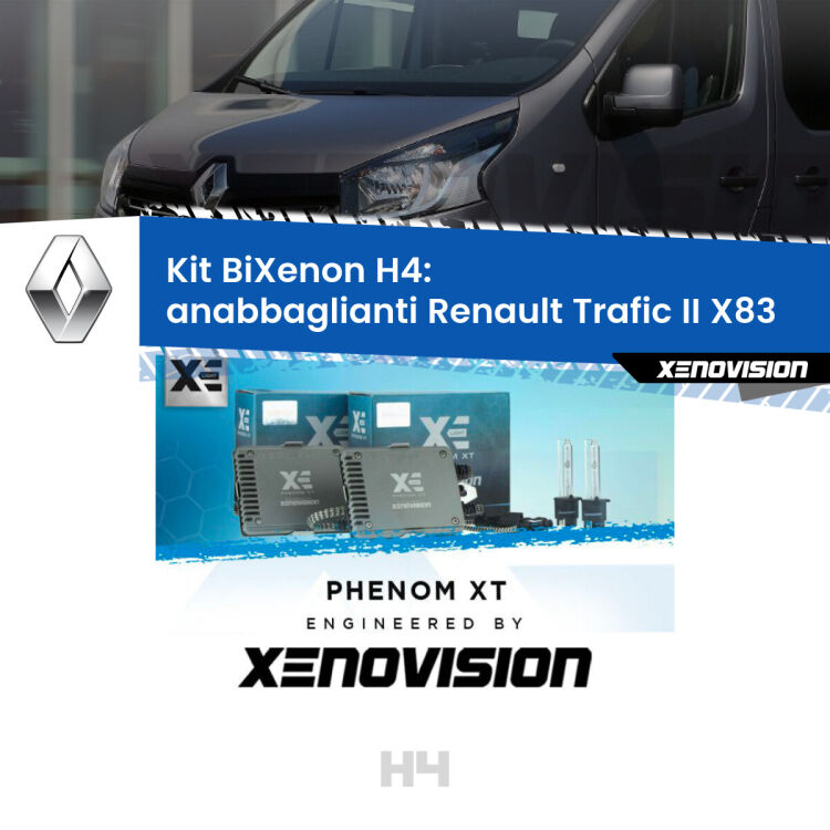 Kit Bixenon professionale H4 per Renault Trafic II X83 (2001 - 2013). Taglio di luce perfetto, zero spie e riverberi. Leggendaria elettronica Canbus Xenovision. Qualità Massima Garantita.
