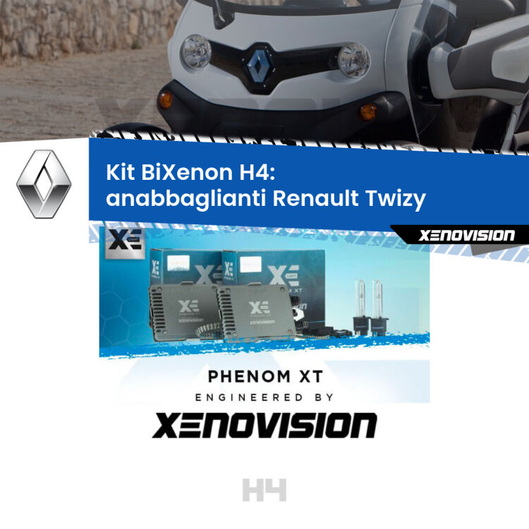 Kit Bixenon professionale H4 per Renault Twizy  (2012 in poi). Taglio di luce perfetto, zero spie e riverberi. Leggendaria elettronica Canbus Xenovision. Qualità Massima Garantita.