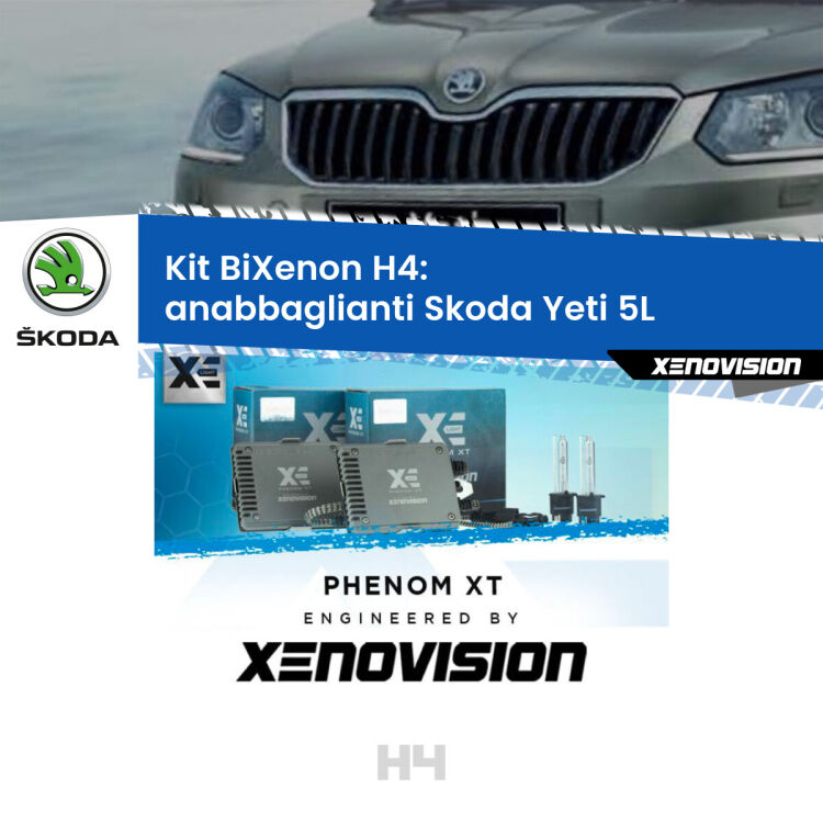 0 H4: Kit Bi Xenon Skoda Yeti 5L (2009 - 2013) Specifico Zero-Spie Kit Bixenon professionale H4 per Skoda Yeti 5L (2009 - 2013). Taglio di luce perfetto, zero spie e riverberi. Leggendaria elettronica Canbus Xenovision. Qualità Massima Garantita.