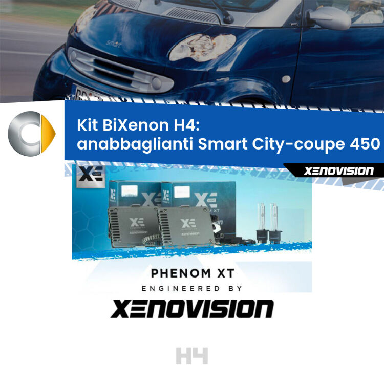 Kit Bixenon professionale H4 per Smart City-coupe 450 (prima serie). Taglio di luce perfetto, zero spie e riverberi. Leggendaria elettronica Canbus Xenovision. Qualità Massima Garantita.