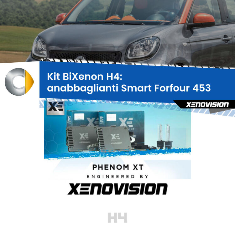 Kit Bixenon professionale H4 per Smart Forfour 453 (2014 in poi). Taglio di luce perfetto, zero spie e riverberi. Leggendaria elettronica Canbus Xenovision. Qualità Massima Garantita.