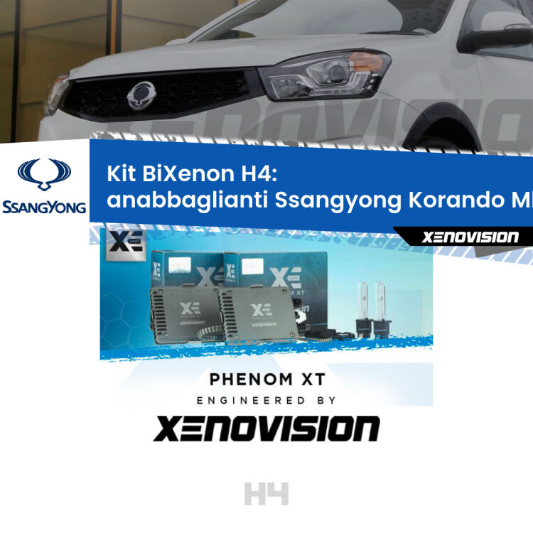 0 H4: Kit Bi Xenon Ssangyong Korando Mk2 (1996 - 2006) Specifico Zero-Spie Kit Bixenon professionale H4 per Ssangyong Korando Mk2 (1996 - 2006). Taglio di luce perfetto, zero spie e riverberi. Leggendaria elettronica Canbus Xenovision. Qualità Massima Garantita.