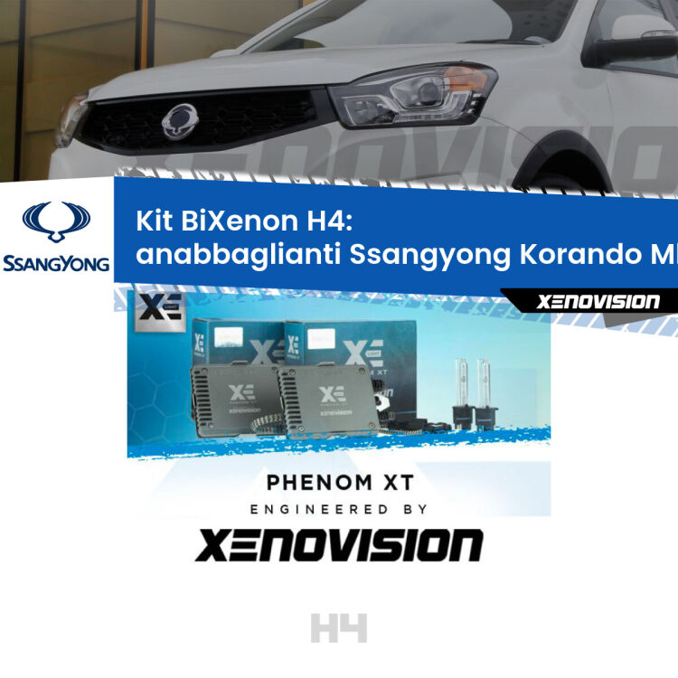 Kit Bixenon professionale H4 per Ssangyong Korando Mk3 (2010 - 2012). Taglio di luce perfetto, zero spie e riverberi. Leggendaria elettronica Canbus Xenovision. Qualità Massima Garantita.