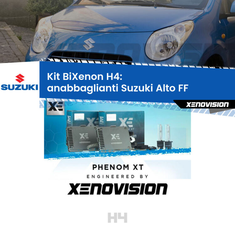 Kit Bixenon professionale H4 per Suzuki Alto FF (2002 - 2008). Taglio di luce perfetto, zero spie e riverberi. Leggendaria elettronica Canbus Xenovision. Qualità Massima Garantita.