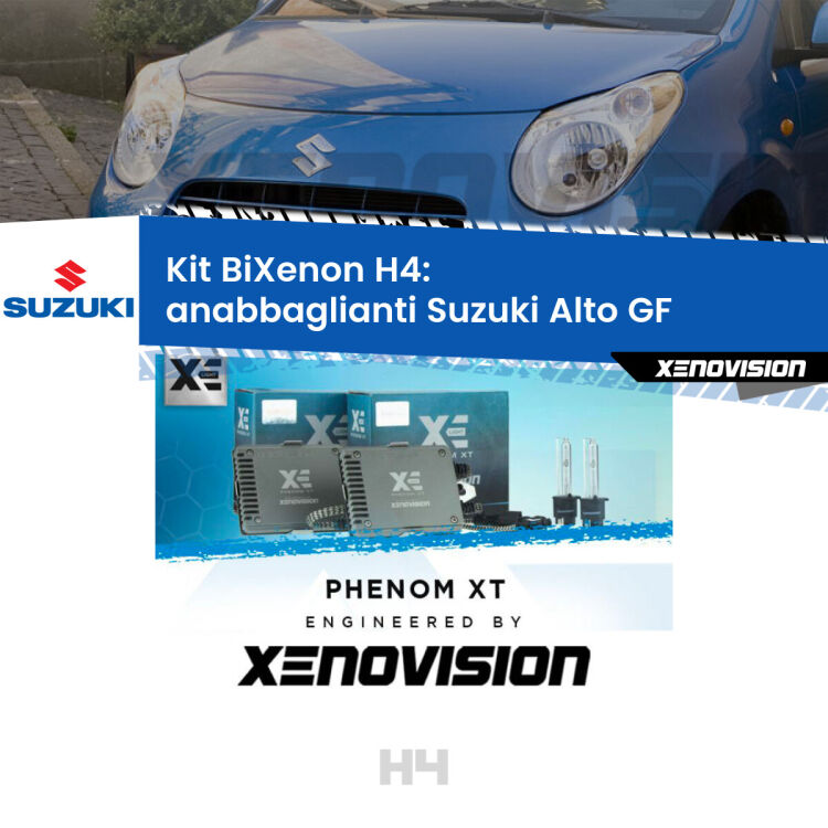 Kit Bixenon professionale H4 per Suzuki Alto GF (2009 in poi). Taglio di luce perfetto, zero spie e riverberi. Leggendaria elettronica Canbus Xenovision. Qualità Massima Garantita.