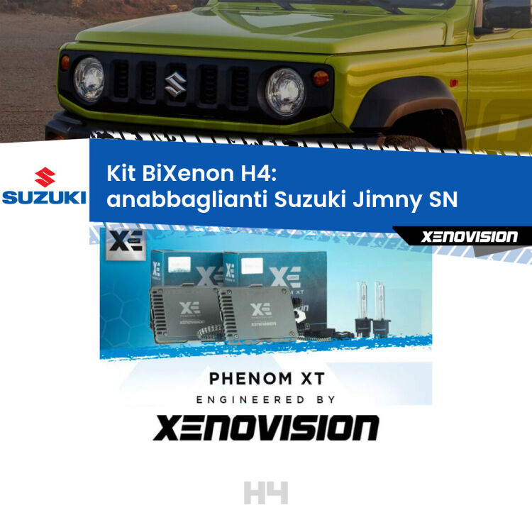Kit Bixenon professionale H4 per Suzuki Jimny SN (1998 in poi). Taglio di luce perfetto, zero spie e riverberi. Leggendaria elettronica Canbus Xenovision. Qualità Massima Garantita.