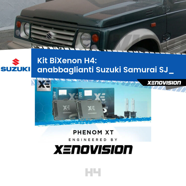 Kit Bixenon professionale H4 per Suzuki Samurai SJ_ (1988 - 2004). Taglio di luce perfetto, zero spie e riverberi. Leggendaria elettronica Canbus Xenovision. Qualità Massima Garantita.
