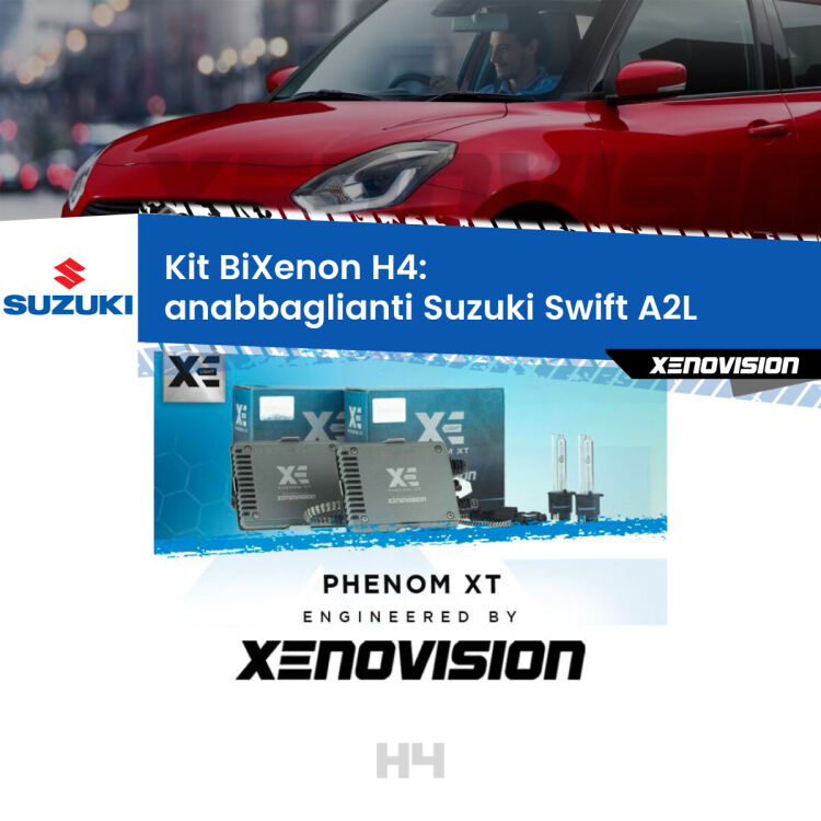 Kit Bixenon professionale H4 per Suzuki Swift A2L (2017 in poi). Taglio di luce perfetto, zero spie e riverberi. Leggendaria elettronica Canbus Xenovision. Qualità Massima Garantita.