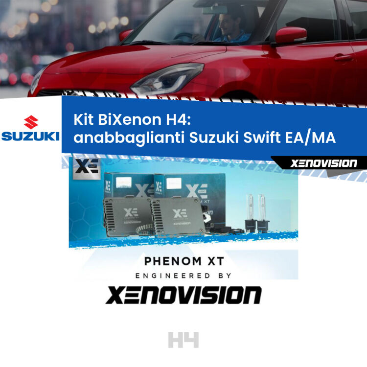 Kit Bixenon professionale H4 per Suzuki Swift EA/MA (1989 - 2003). Taglio di luce perfetto, zero spie e riverberi. Leggendaria elettronica Canbus Xenovision. Qualità Massima Garantita.