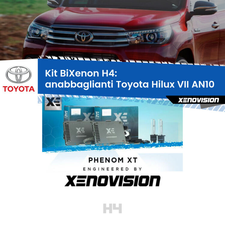 0 H4: Kit Bi Xenon Toyota Hilux VII AN10 (2004 - 2015) Specifico Zero-Spie Kit Bixenon professionale H4 per Toyota Hilux VII AN10 (2004 - 2015). Taglio di luce perfetto, zero spie e riverberi. Leggendaria elettronica Canbus Xenovision. Qualità Massima Garantita.