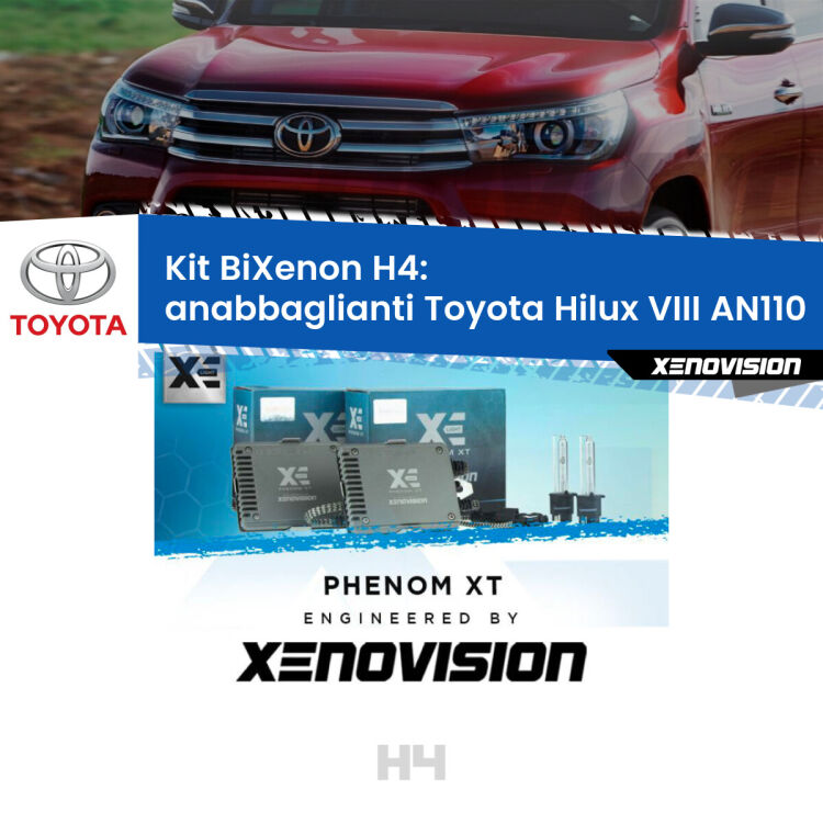 Kit Bixenon professionale H4 per Toyota Hilux VIII AN110 (2015 in poi). Taglio di luce perfetto, zero spie e riverberi. Leggendaria elettronica Canbus Xenovision. Qualità Massima Garantita.