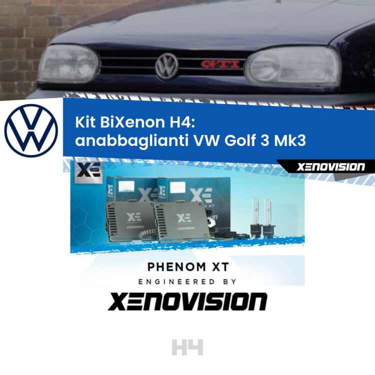 Kit Bixenon professionale H4 per VW Golf 3 Mk3 (a parabola singola). Taglio di luce perfetto, zero spie e riverberi. Leggendaria elettronica Canbus Xenovision. Qualità Massima Garantita.