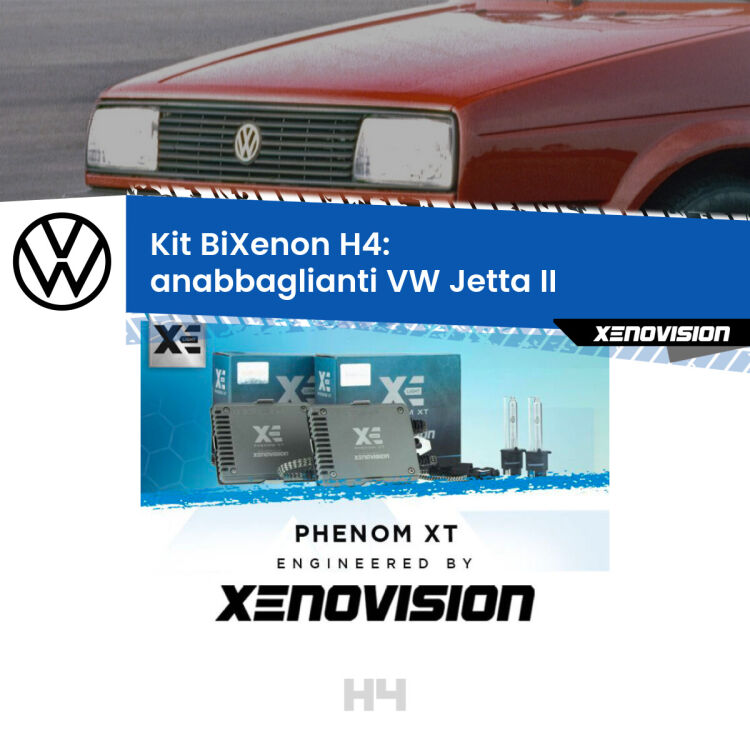 0 H4: Kit Bi Xenon VW Jetta II (1984 - 1992) Specifico Zero-Spie Kit Bixenon professionale H4 per VW Jetta II (1984 - 1992). Taglio di luce perfetto, zero spie e riverberi. Leggendaria elettronica Canbus Xenovision. Qualità Massima Garantita.