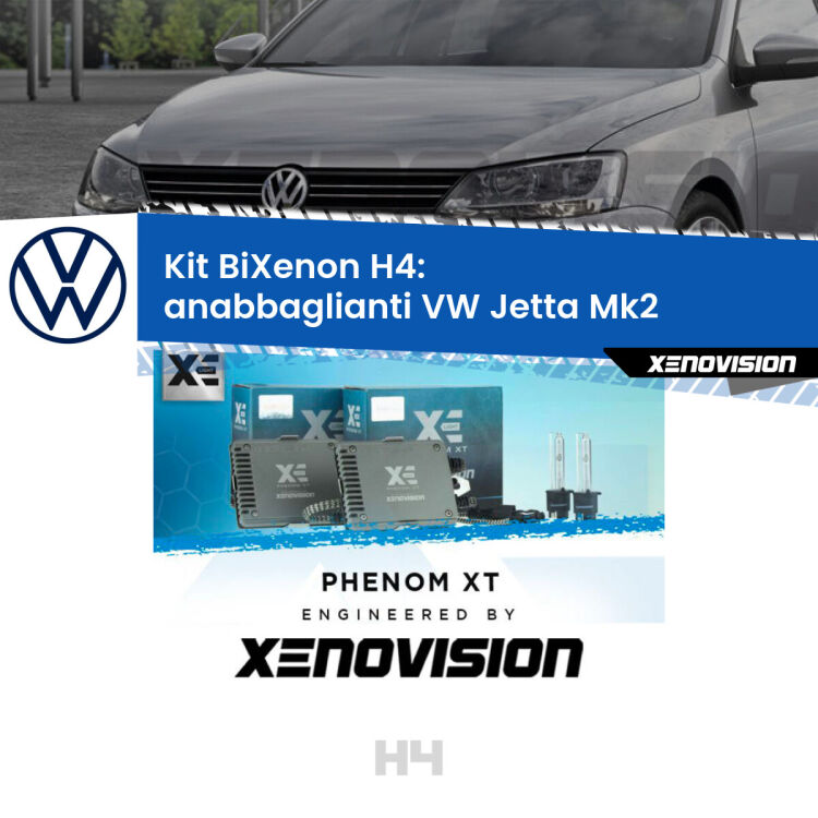 Kit Bixenon professionale H4 per VW Jetta Mk2 (1984 - 1992). Taglio di luce perfetto, zero spie e riverberi. Leggendaria elettronica Canbus Xenovision. Qualità Massima Garantita.