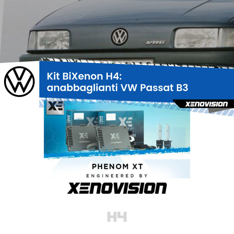0 H4: Kit Bi Xenon VW Passat B3 (a parabola singola) Specifico Zero-Spie Kit Bixenon professionale H4 per VW Passat B3 (a parabola singola). Taglio di luce perfetto, zero spie e riverberi. Leggendaria elettronica Canbus Xenovision. Qualità Massima Garantita.