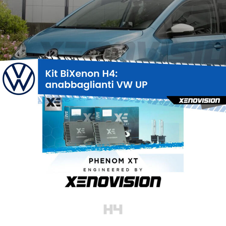 Kit Bixenon professionale H4 per VW UP  (2011 in poi). Taglio di luce perfetto, zero spie e riverberi. Leggendaria elettronica Canbus Xenovision. Qualità Massima Garantita.