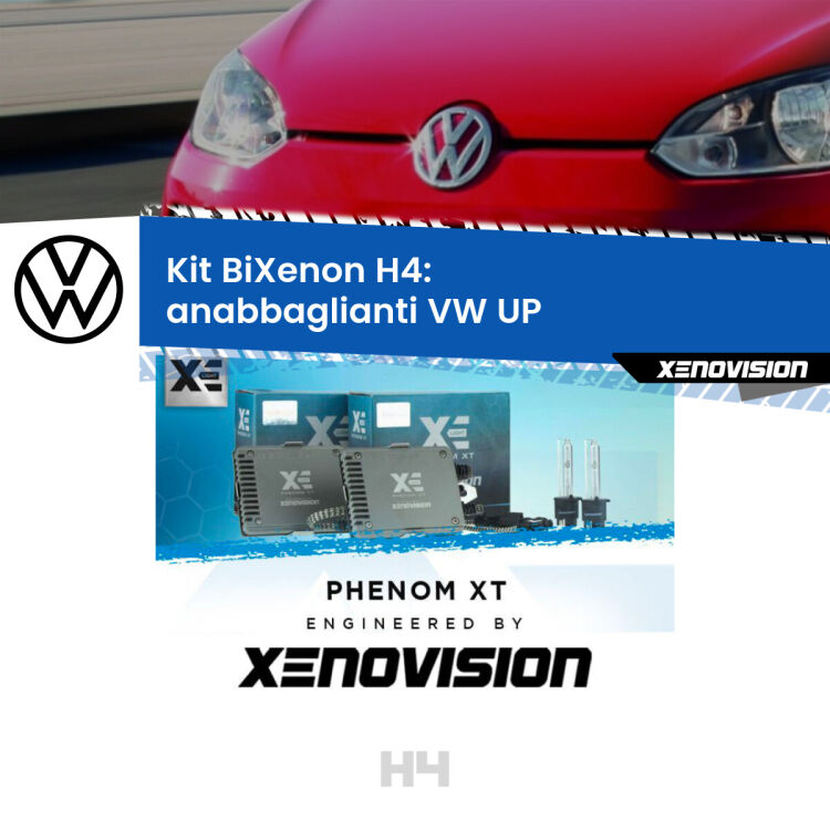 0 H4: Kit Bi Xenon VW UP  (2011 in poi) Specifico Zero-Spie Kit Bixenon professionale H4 per VW UP  (2011 in poi). Taglio di luce perfetto, zero spie e riverberi. Leggendaria elettronica Canbus Xenovision. Qualità Massima Garantita.