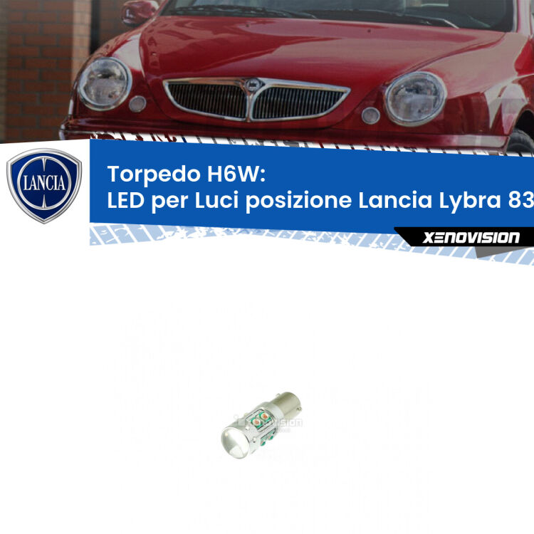 Lampadina LED H6W per <strong>luci posizione Lancia Lybra 839</strong> (modelli 1999-2005) con 10 chip Led CREE da 5W ciascuno. lluminazione poderosa a 360 gradi, luminosità incredibile. Qualità Massima Garantita.