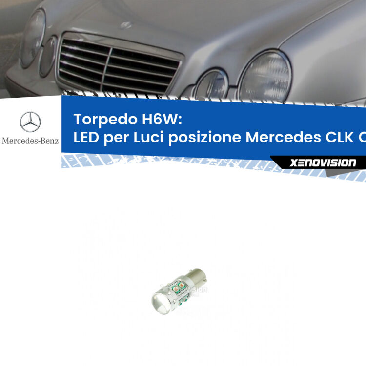 Lampadina LED H6W per <strong>luci posizione Mercedes CLK C208</strong> (modelli 1997-2002) con 10 chip Led CREE da 5W ciascuno. lluminazione poderosa a 360 gradi, luminosità incredibile. Qualità Massima Garantita.
