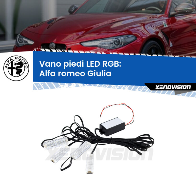 <strong>Kit placche LED cambiacolore vano piedi Alfa romeo Giulia</strong>  2015 in poi. 4 placche <strong>Bluetooth</strong> con app Android /iOS.