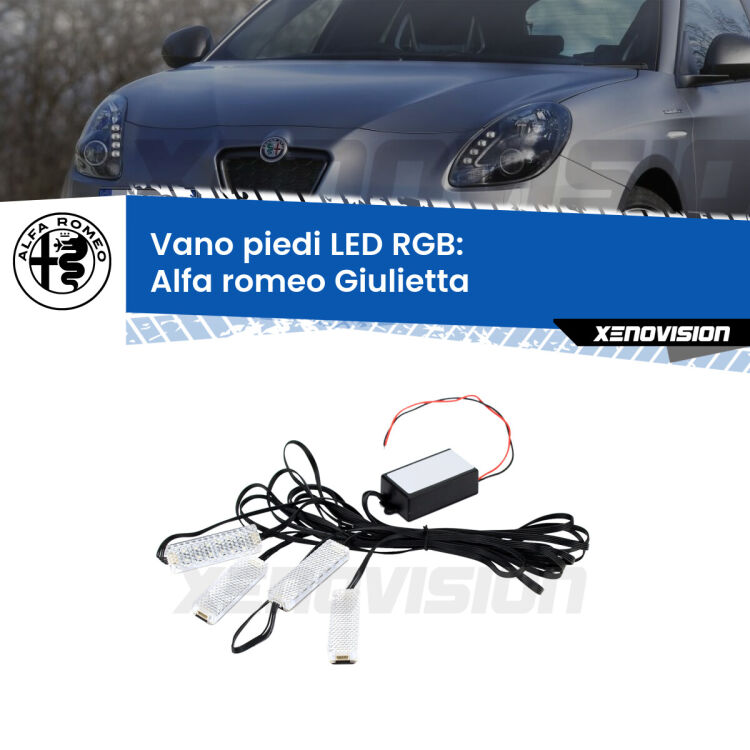 <strong>Kit placche LED cambiacolore vano piedi Alfa romeo Giulietta</strong>  2010 in poi. 4 placche <strong>Bluetooth</strong> con app Android /iOS.