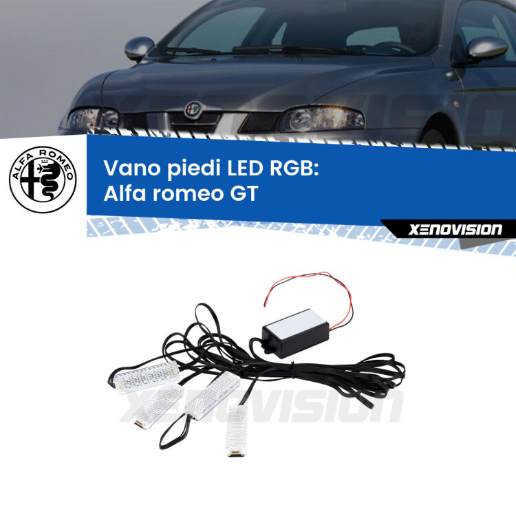<strong>Kit placche LED cambiacolore vano piedi Alfa romeo GT</strong>  2003 - 2010. 4 placche <strong>Bluetooth</strong> con app Android /iOS.