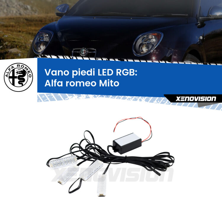 <strong>Kit placche LED cambiacolore vano piedi Alfa romeo Mito</strong>  2008 - 2018. 4 placche <strong>Bluetooth</strong> con app Android /iOS.