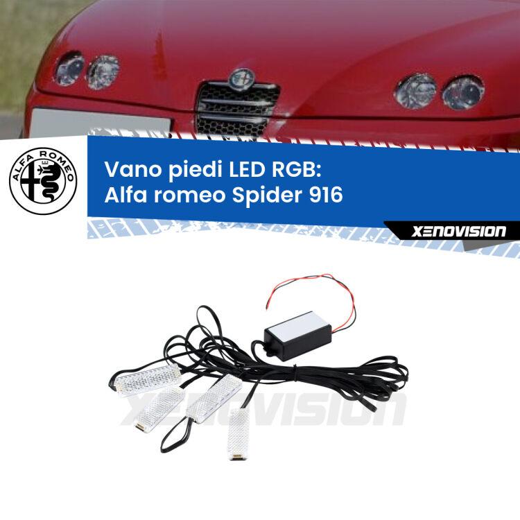 <strong>Kit placche LED cambiacolore vano piedi Alfa romeo Spider</strong> 916 1995 - 2005. 4 placche <strong>Bluetooth</strong> con app Android /iOS.