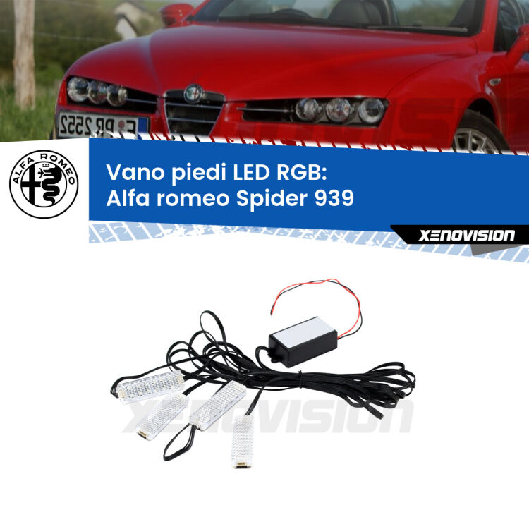 <strong>Kit placche LED cambiacolore vano piedi Alfa romeo Spider</strong> 939 2006 - 2010. 4 placche <strong>Bluetooth</strong> con app Android /iOS.