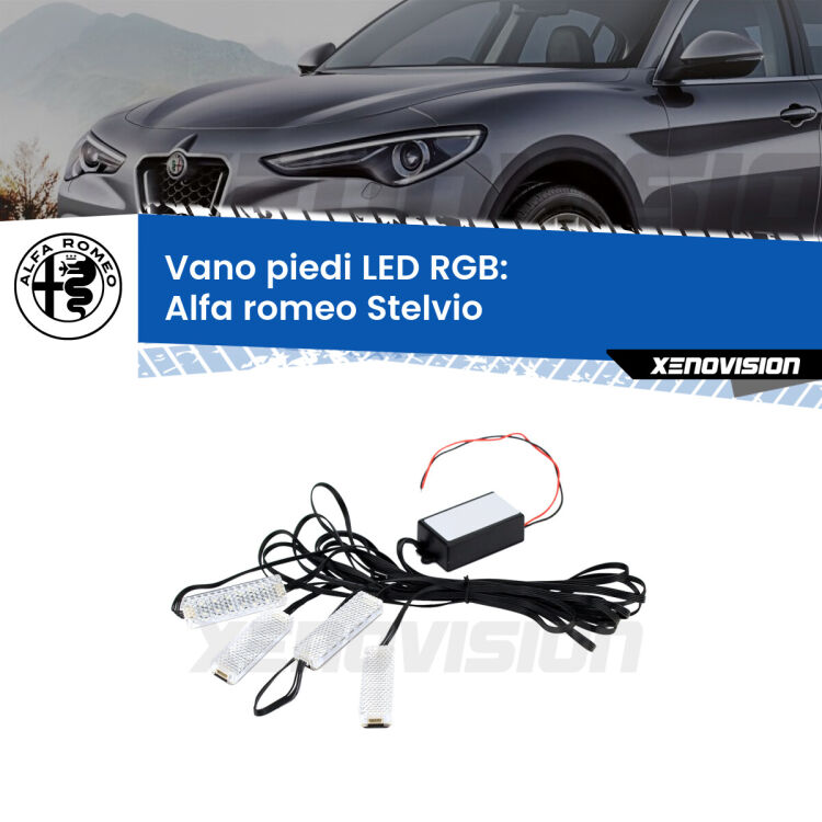 <strong>Kit placche LED cambiacolore vano piedi Alfa romeo Stelvio</strong>  2016 in poi. 4 placche <strong>Bluetooth</strong> con app Android /iOS.
