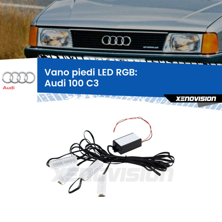 <strong>Kit placche LED cambiacolore vano piedi Audi 100</strong> C3 1982 - 1990. 4 placche <strong>Bluetooth</strong> con app Android /iOS.
