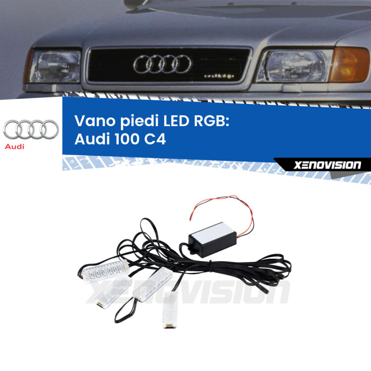 <strong>Kit placche LED cambiacolore vano piedi Audi 100</strong> C4 1990 - 1994. 4 placche <strong>Bluetooth</strong> con app Android /iOS.