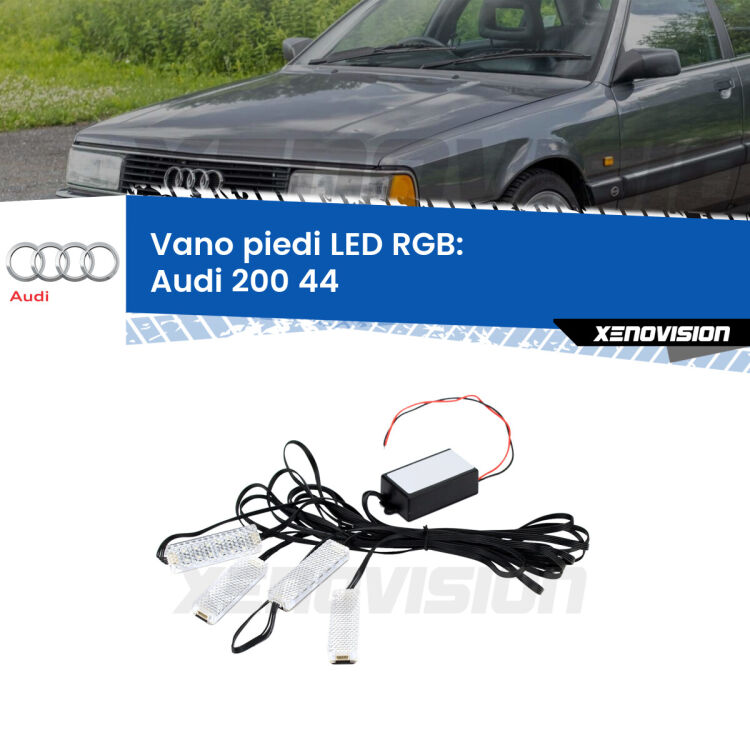 <strong>Kit placche LED cambiacolore vano piedi Audi 200</strong> 44 1983 - 1991. 4 placche <strong>Bluetooth</strong> con app Android /iOS.