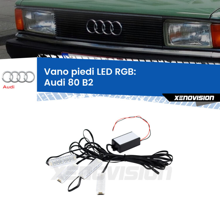 <strong>Kit placche LED cambiacolore vano piedi Audi 80</strong> B2 1978 - 1986. 4 placche <strong>Bluetooth</strong> con app Android /iOS.