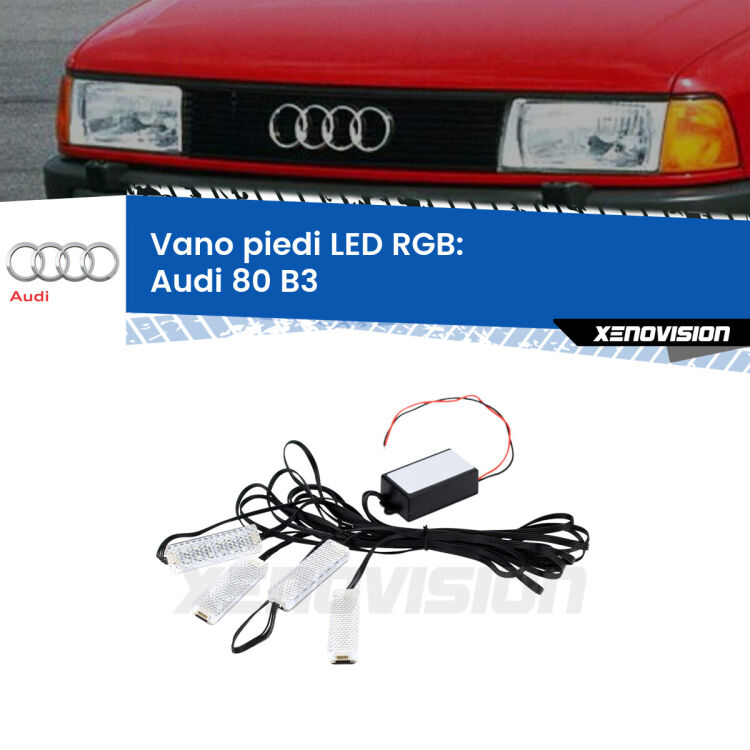 <strong>Kit placche LED cambiacolore vano piedi Audi 80</strong> B3 1986 - 1991. 4 placche <strong>Bluetooth</strong> con app Android /iOS.