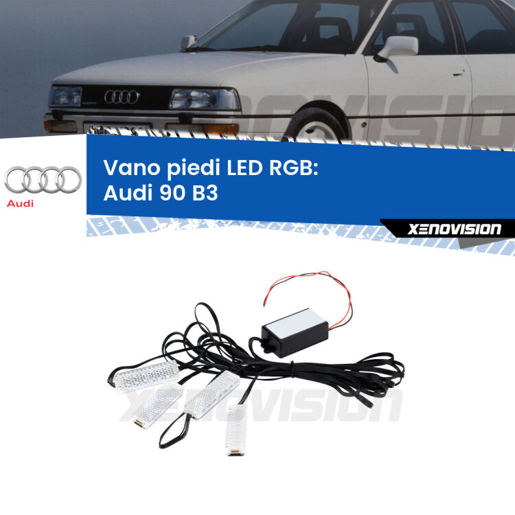 <strong>Kit placche LED cambiacolore vano piedi Audi 90</strong> B3 1987 - 1991. 4 placche <strong>Bluetooth</strong> con app Android /iOS.