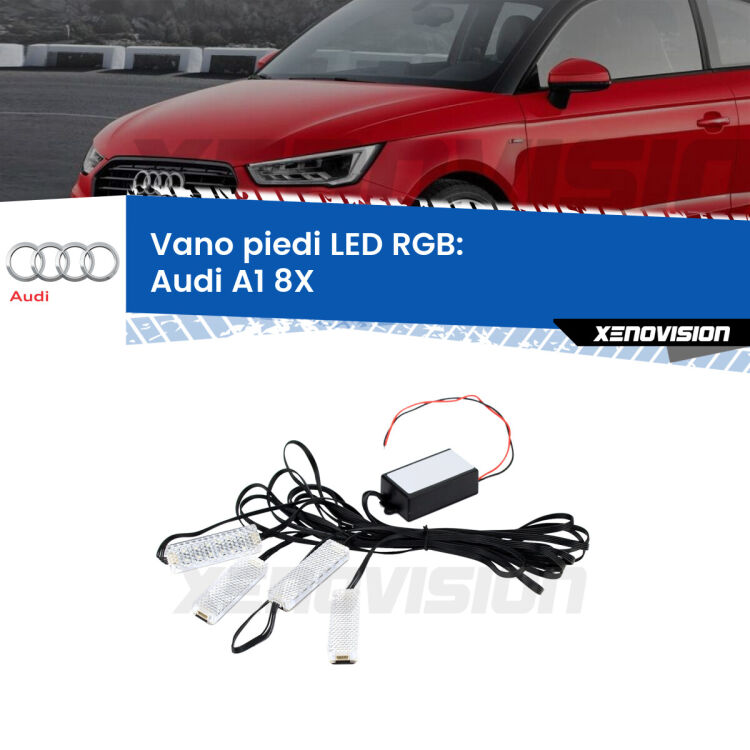 <strong>Kit placche LED cambiacolore vano piedi Audi A1</strong> 8X 2010 - 2018. 4 placche <strong>Bluetooth</strong> con app Android /iOS.