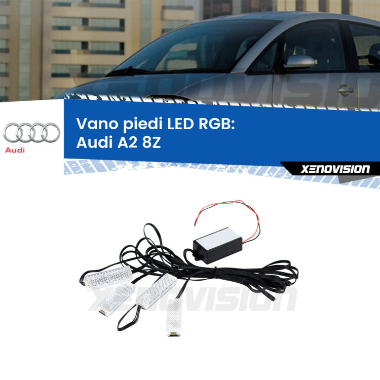 <strong>Kit placche LED cambiacolore vano piedi Audi A2</strong> 8Z 2000 - 2005. 4 placche <strong>Bluetooth</strong> con app Android /iOS.