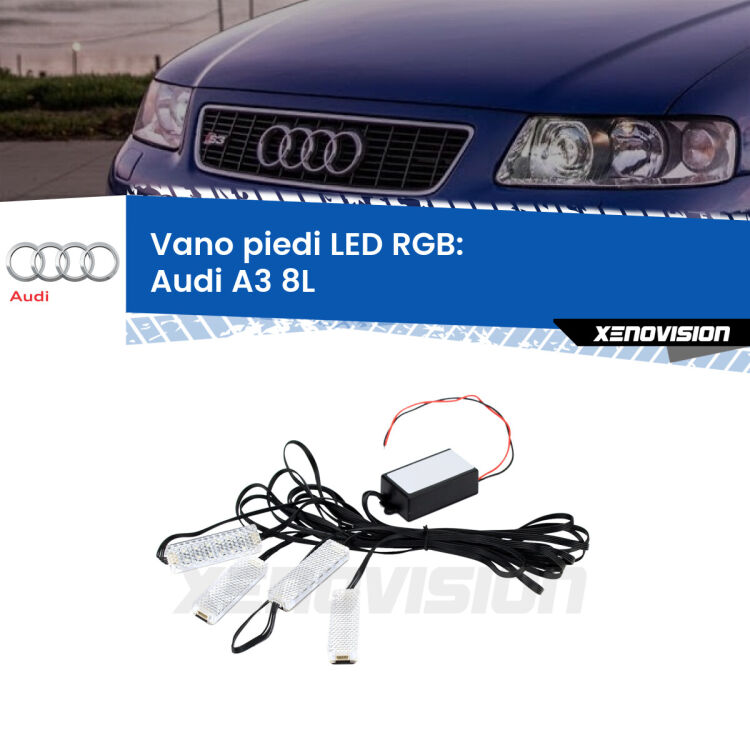 <strong>Kit placche LED cambiacolore vano piedi Audi A3</strong> 8L 1996 - 2003. 4 placche <strong>Bluetooth</strong> con app Android /iOS.