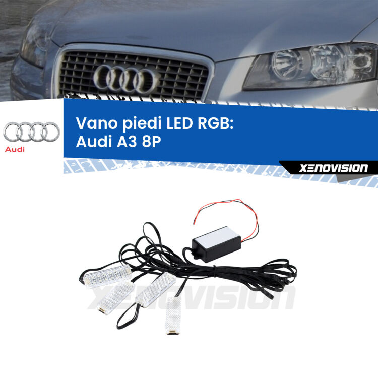<strong>Kit placche LED cambiacolore vano piedi Audi A3</strong> 8P 2003 - 2012. 4 placche <strong>Bluetooth</strong> con app Android /iOS.