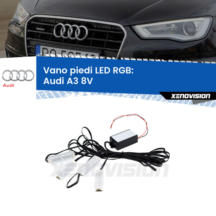 <strong>Kit placche LED cambiacolore vano piedi Audi A3</strong> 8V 2013 - 2020. 4 placche <strong>Bluetooth</strong> con app Android /iOS.