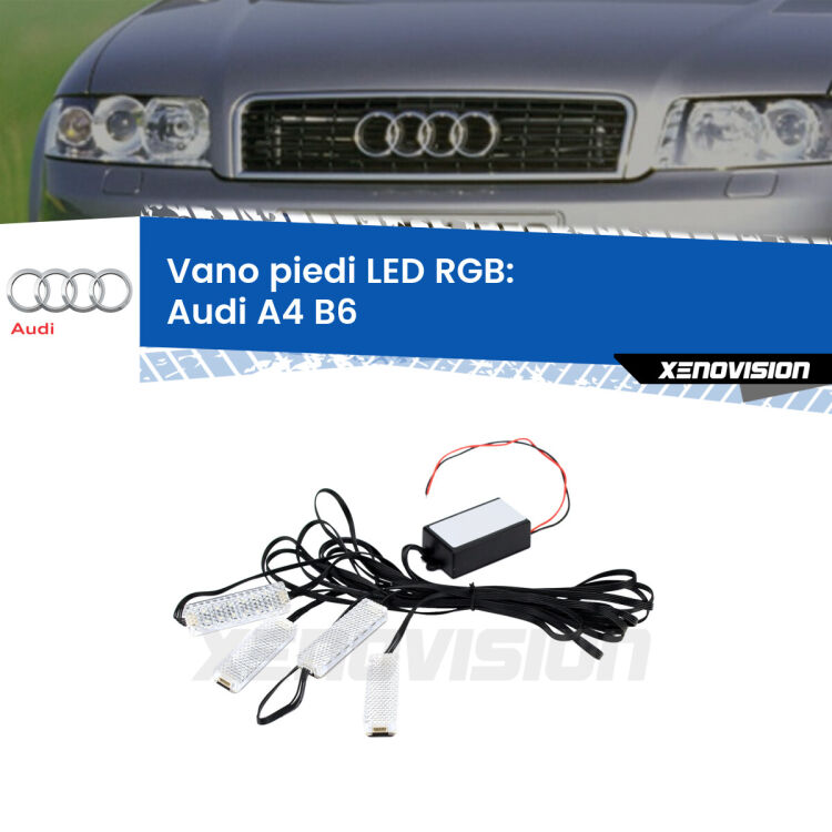 <strong>Kit placche LED cambiacolore vano piedi Audi A4</strong> B6 2000 - 2004. 4 placche <strong>Bluetooth</strong> con app Android /iOS.