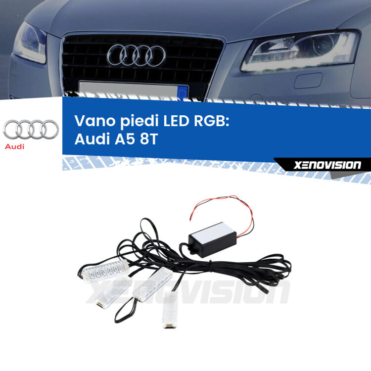 <strong>Kit placche LED cambiacolore vano piedi Audi A5</strong> 8T 2007 - 2017. 4 placche <strong>Bluetooth</strong> con app Android /iOS.