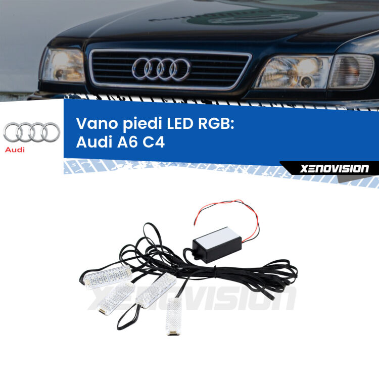 <strong>Kit placche LED cambiacolore vano piedi Audi A6</strong> C4 1994 - 1997. 4 placche <strong>Bluetooth</strong> con app Android /iOS.