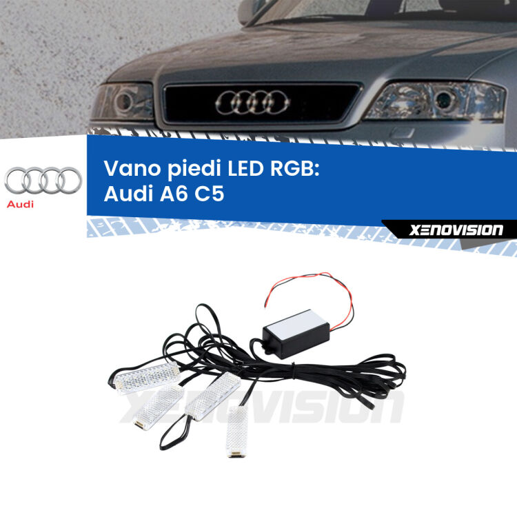 <strong>Kit placche LED cambiacolore vano piedi Audi A6</strong> C5 1997 - 2004. 4 placche <strong>Bluetooth</strong> con app Android /iOS.