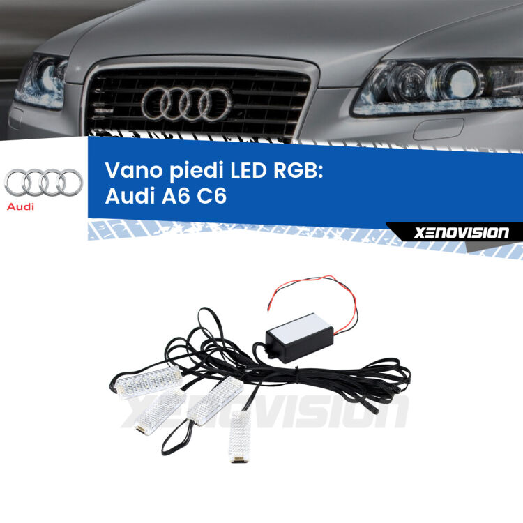 <strong>Kit placche LED cambiacolore vano piedi Audi A6</strong> C6 2004 - 2011. 4 placche <strong>Bluetooth</strong> con app Android /iOS.