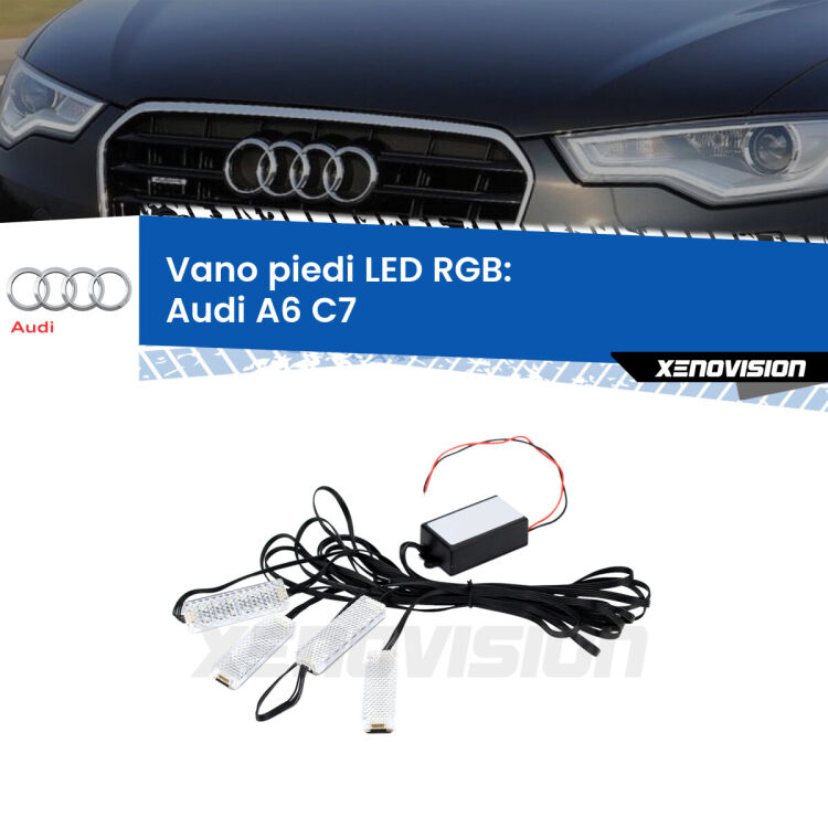 <strong>Kit placche LED cambiacolore vano piedi Audi A6</strong> C7 2010 - 2018. 4 placche <strong>Bluetooth</strong> con app Android /iOS.