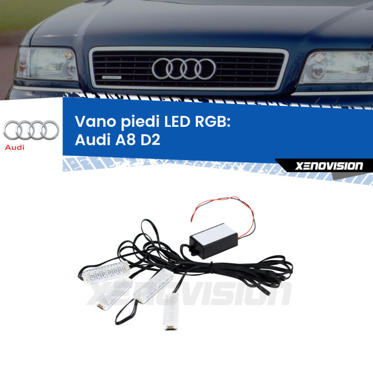 <strong>Kit placche LED cambiacolore vano piedi Audi A8</strong> D2 1994 - 2002. 4 placche <strong>Bluetooth</strong> con app Android /iOS.