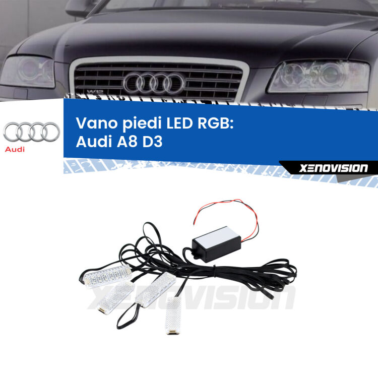 <strong>Kit placche LED cambiacolore vano piedi Audi A8</strong> D3 2002 - 2009. 4 placche <strong>Bluetooth</strong> con app Android /iOS.