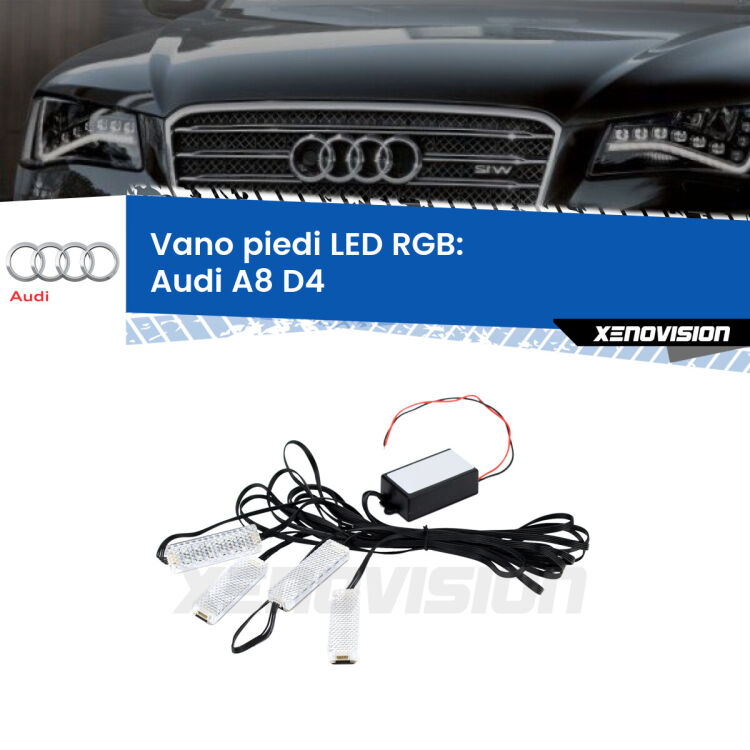 <strong>Kit placche LED cambiacolore vano piedi Audi A8</strong> D4 2009 - 2018. 4 placche <strong>Bluetooth</strong> con app Android /iOS.